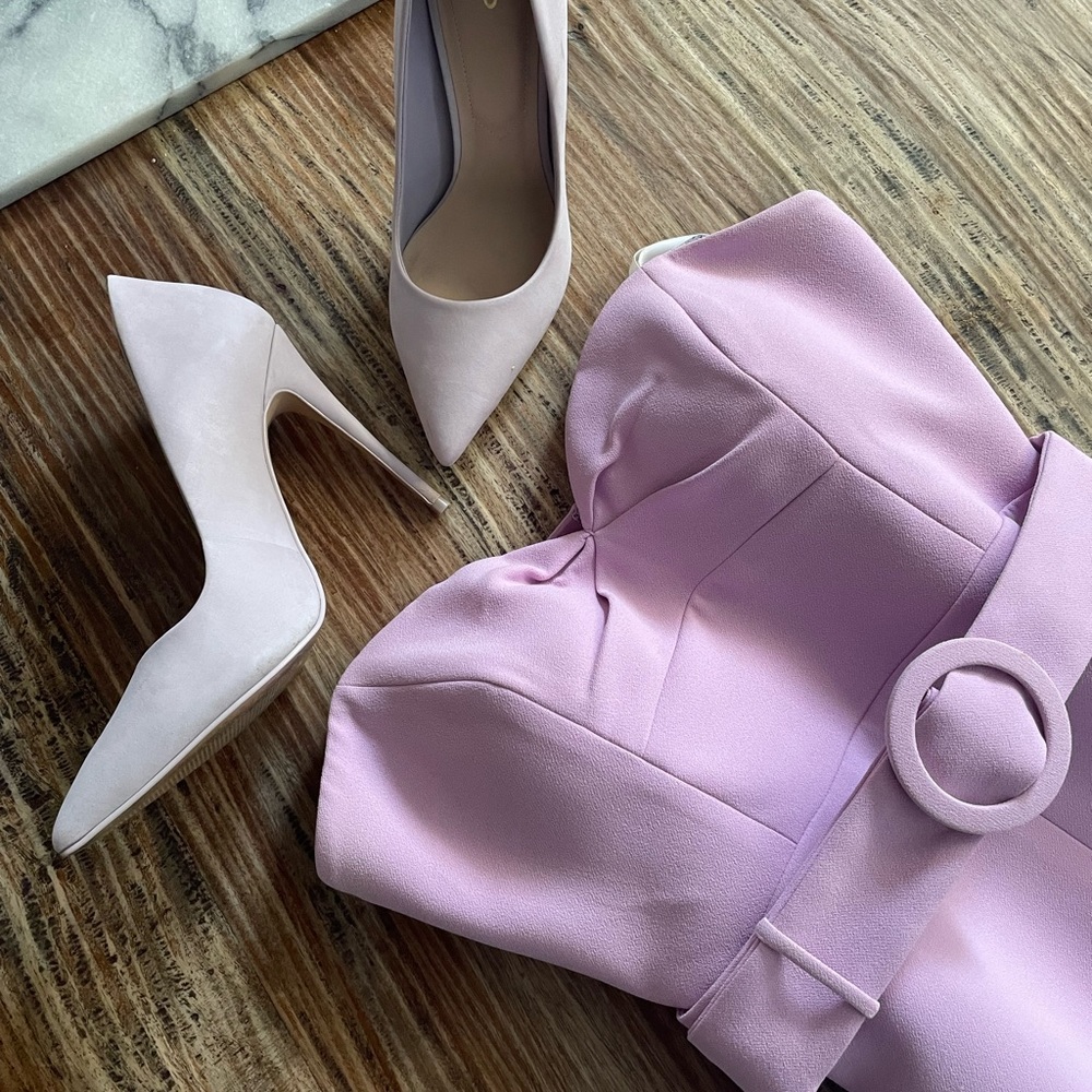Mauve strapless dress with belt by Ever New